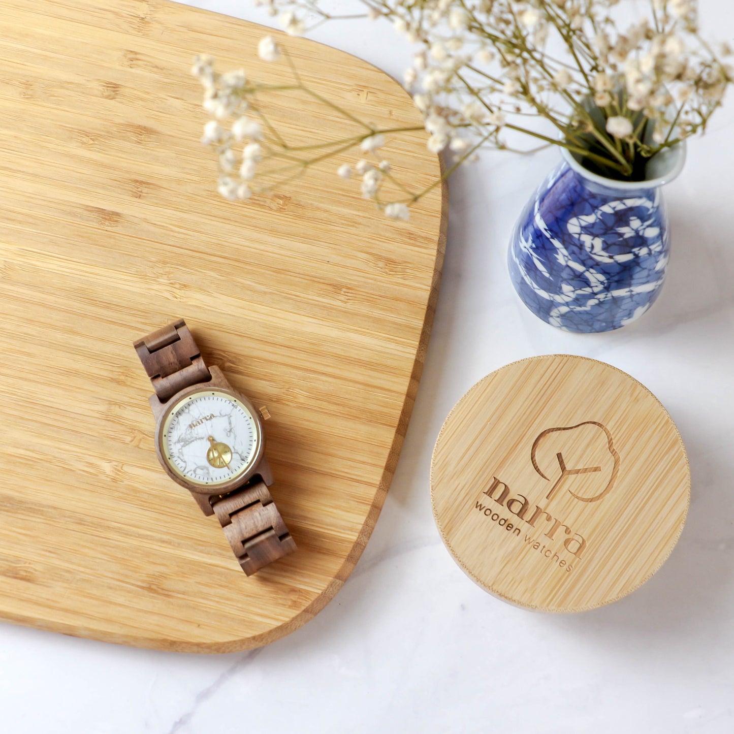 Beach Sand in Walnut and White Marble - Narra Wooden Watches